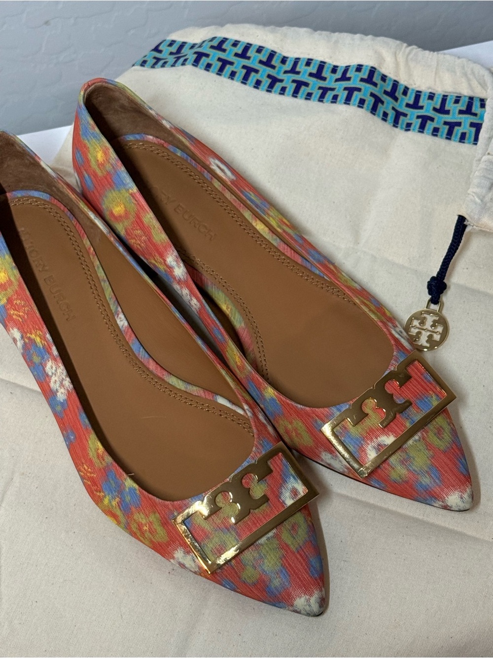 Tory Burch Multicolor Pointed Toe Logo Buckle Ballet Flats - Picture 3 of 5